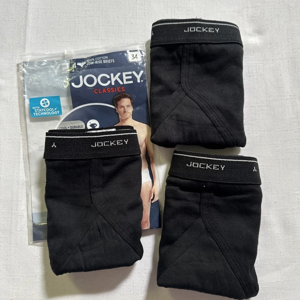 Men's 3 Pairs Jockey Classic Collection Low-Rise Briefs Black NIP 100% Cotton 34